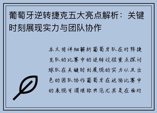 葡萄牙逆转捷克五大亮点解析：关键时刻展现实力与团队协作